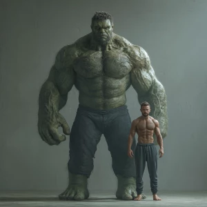 Create an image featuring a large, muscled figure with exaggerat...