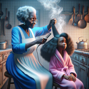 Create a realistic 3-D image of an african-American grandmother wearing a blue house dress and a white apron . She is in the kitchen with her african-American granddaughter. Her granddaughter is wearing a pink bath robe. The grandmother has a hot comb in her hand and she is straightening her granddaughters hair. One side of her granddaughters hair is in  a Afro the other straight 
There is smoke coming from the hot comb
The granddaughter is making a face