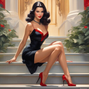 Anime art very beautiful woman black mini dress in high heels wi...