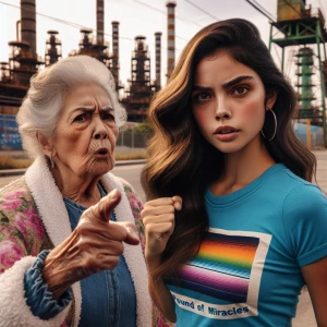 Create a color film photograph from 1973 of an elderly woman poi...