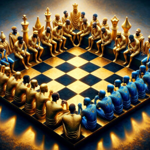 3-D realistic oil, painting,of a gold and black human chessboard...
