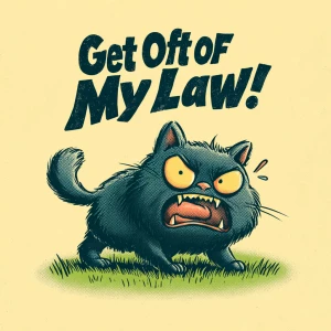 /imagine a grumpy cartoon-style cat standing on a lawn, fur fluf...