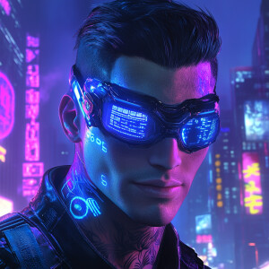 Close-up portrait of a young man with neon blue and purple light...
