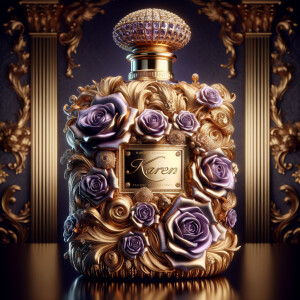 Craft an image of an ornate perfume bottle, with a luxurious design featuring purple roses and intricate gold detailing. At the center of the bottle, include an elegant, raised gold script that spells out the name 'Karen'. The bottle should exude opulence with a jeweled crown-like cap and a background that suggests sumptuousness and sophistication. The script should be harmonious with the lavish design, standing out against the purple and gold palette.