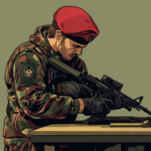 Create an image of a character dressed in a camouflage military...
