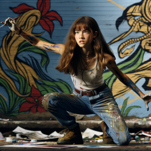 teenage girl, long brown hair and bangs, wearing tight skinny jeans and a halter top paint marks on her clothing, heroic pose Asian graffiti background, nearing on one knee