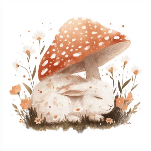 Cute fluffy rabbit sleeping peacefully under large spotted mushr...