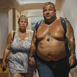 realistic painting.A sweaty beefy man walking with his 54 year o...