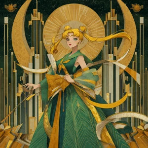 Create a cinematic portrait of a Sailor Moon–Geisha heroine in a...
