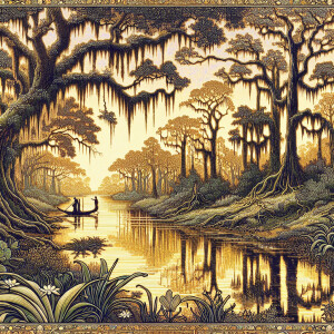 Envision a Louisiana swamp scene painted by Gustav Klimt, captur...
