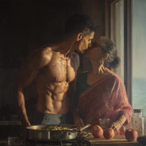 Hyperrealism painting.a muscular sweaty indian man standing an...