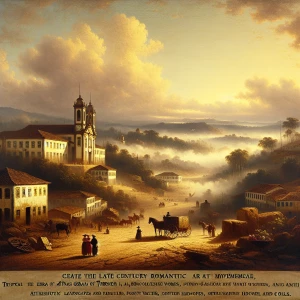 Create an image in the style of J.M.W. Turner depicting the cityscape of Mina’s gerais romantic colonization scenery  Brazil, capturing the interplay of light and color typical of Turner's paintings.