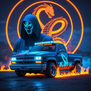 create an image. It features a mysterious  figure with glowing b...