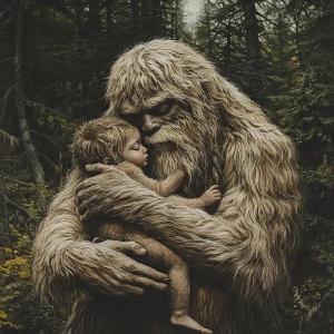 So a humanoid looking hair covered sasquatch holding a baby sasq...