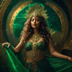 Full-body portrait of a celestial queen in a fantasy setting, ad...