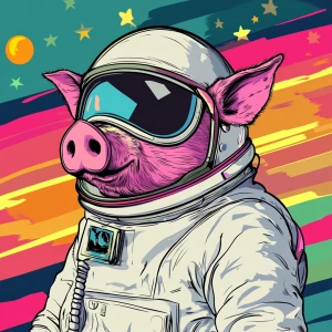 Cute cartoon pig in vintage white spacesuit and NASA style helme...