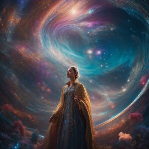 In a dreamlike astral space habitat, a towering crystal palace f...