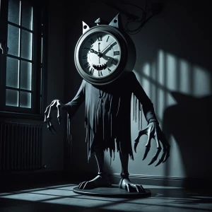 Visualize an eerie, anthropomorphic clock standing in a shadowy...