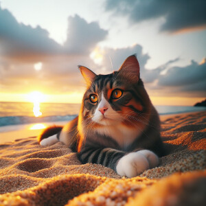 A photo of tabby cat. The tabby male cat is walking on the sea b...