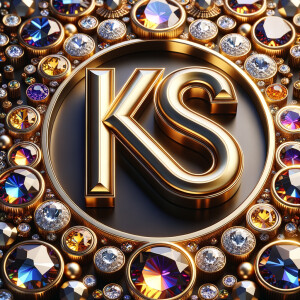 Create a 3-D realistic image with the letters  K.S. in gold raised letters , Add diamonds and colorful jewels