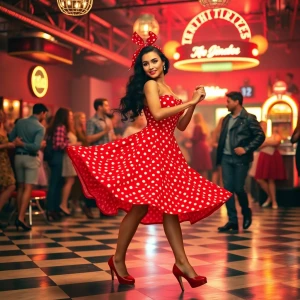 “A vibrant mid-century dance hall scene captured with a Canon EOS R5 and a 50mm f/1.2 lens. the image is focused on Dahlia Valentina fit tall supple well endowed tanned Italian American model (DahliaValentina_ai) stands in the center of a 1950s rockabilly dance, spinning in a bright red polka-dot dress with a fitted bodice and a flared skirt that lifts as she twirls. Her long wavy black hair is tied up with a matching headscarf, and she wears classic cat-eye eyeliner with a bold red lip. She dances with a charming partner dressed in a leather jacket and cuffed jeans, both caught mid-motion in a lively jitterbug step. The neon signs glow behind them, casting warm reflections on the checkered dance floor. The energy of the crowd, jukebox music, and the flickering of retro diner lights add to the nostalgic atmosphere. The composition follows dynamic angles, emphasizing movement and vintage allure.”