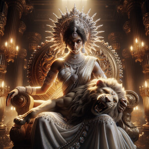 Imagine an hourglass form, an athletic build, enraged goddess Durga sitting atop a golden crown, and a wounded Mahishasur lying like a baby on top of her lap.  wearing a whitesaree, diamond  jewelry all over her body, a large gold crown on her head, and glaring into the camera. The lighting is incredibly realistic, cinematic, 8K, UHD, and the face is realistically depicted with photorealistic perfection. Photography