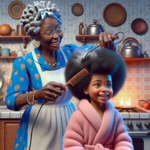 Create a realistic 3-D image of an african-American grandmother wearing a blue house dress and a white apron . She is in the kitchen with her african-American granddaughter. Her granddaughter is wearing a pink bath robe. The grandmother has a hot comb in her hand and she is straightening her granddaughters hair. One side of her granddaughters hair is in  a Afro the other straight 
There is smoke coming from the hot comb
The granddaughter is making a face