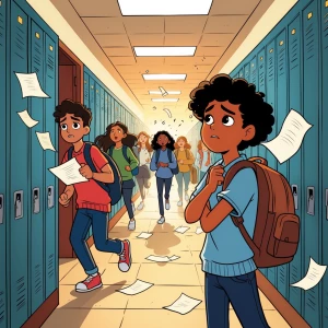**1. INTRO (Busy School Hallway)**  
**Visual Description**:  
-...