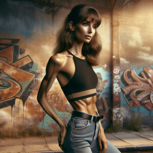 Athletic Thin skinny Attractive, Asian teenage girl, long brown hair and bangs, wearing tight skinny jeans and a halter top paint marks on her clothing, heroic pose Asian graffiti background, side view