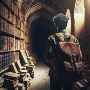 A man with a backpack is standing in an old gloomy room with boo...