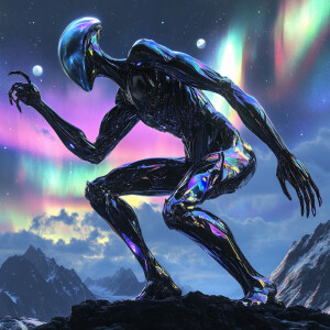 A majestic extraterrestrial being with elongated crystalline fin...