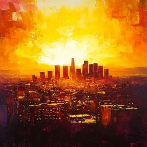 A vivid depiction of the city of Los Angeles bathed in the warm,...