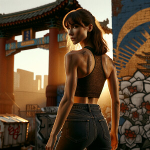 Athletic Thin skinny Attractive, Asian teenage girl, long brown hair and bangs, wearing tight skinny jeans and a halter top paint marks on her clothing, heroic pose Asian graffiti background, backside view