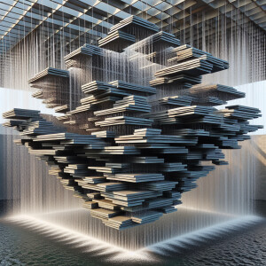 A floating fountain constructed with thin slabs of slate stone,...