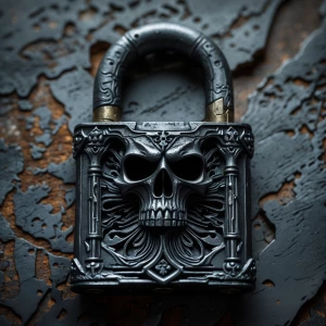 Please provide a detailed description of a grim-looking padlock,...
