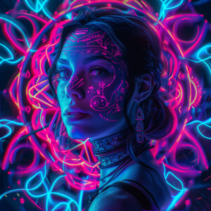 Cyberpunk portrait of a woman, neon-lit mandala glowing in a bio...