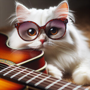 Create a detailed description of a white cat wearing sunglasses...