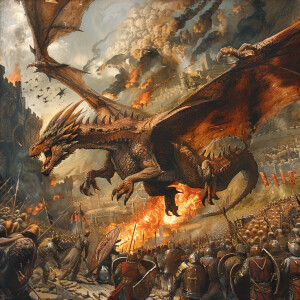 A majestic dragon hovers over a chaotic battlefield, elegantly r...