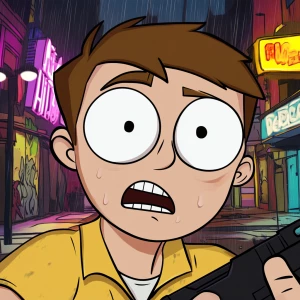 A cartoon character with a large round head, big white eyes with...