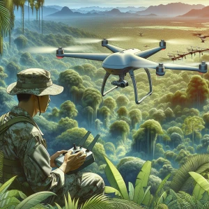 Military drone male operator controlling a UAV flying over dense...