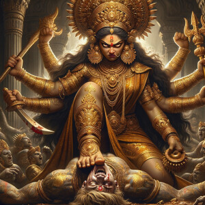 portrait of angry looking goddess durga has her foot on a defeated mahishasur. She is wearing gold armor, a huge gold crown, gold saree, abundant  gold jewelry, covered in blood. Mahishasur laying on ground dead. The scene is set in ancient India. The image is 8K resolution, photography, cinematic, ultra detailed face and epic