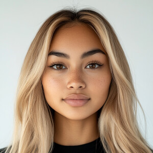 Create an image of a 22-year-old Filipina woman with brown skin...