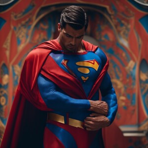 A muscular Superman proudly displaying his chiseled abs while op...