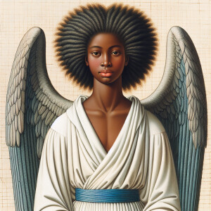 Create an image of a young Black woman with angel wings and long...