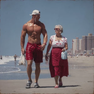Hyperrealism photo painting .a muscular sweaty man walking  with...