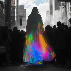 A crowd huddles on the monochrome street, their attention fixed...