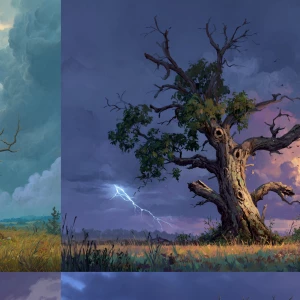 A cinematic digital painting of a lone, ancient gnarled oak, the...