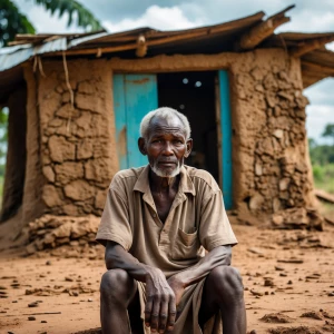 A African old man setting in front of his mud house