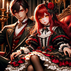 Lilith as a girl with elegant gothic lolita dress sit on the lap of handsome lucifer, the girl has red hair and golden eyes, thrones, blackand red elegant luxury background, Lucifer evil smirk, The girl fierce look, Obsession and Ownership sign