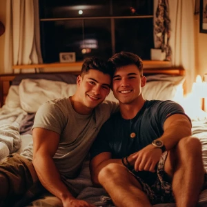 Tan frat bros cuddling in dorm
